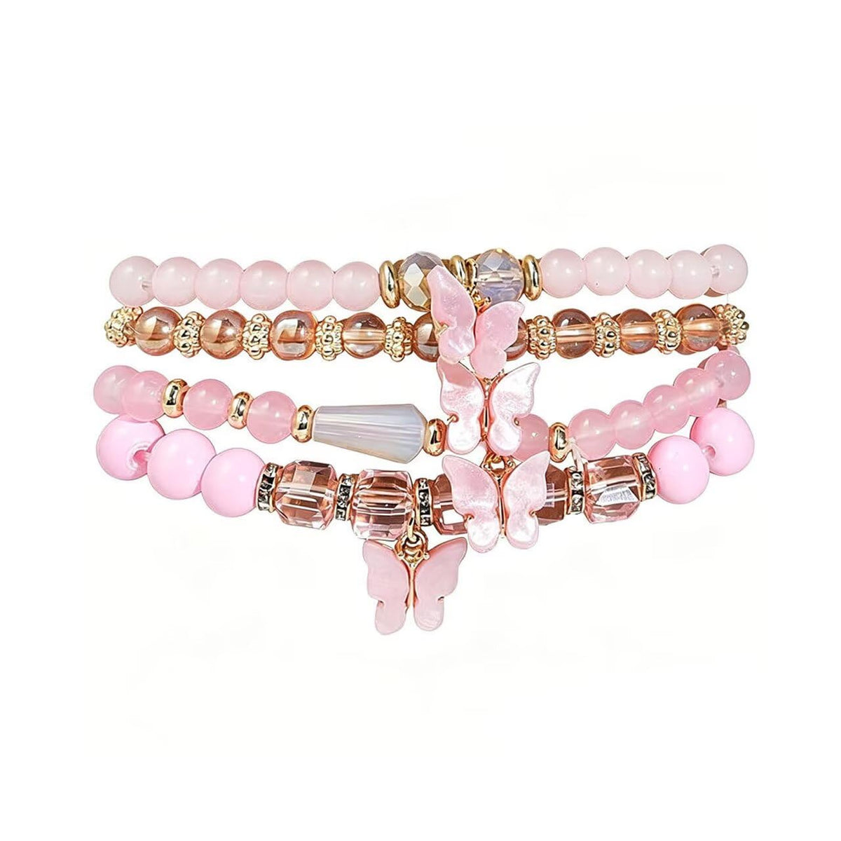 4 Pcs Cute Butterfly Charm Bracelets Set Gold Beaded Stackable Stretch Bracelets Bohemian Summer Jewelry Gifts for Women
