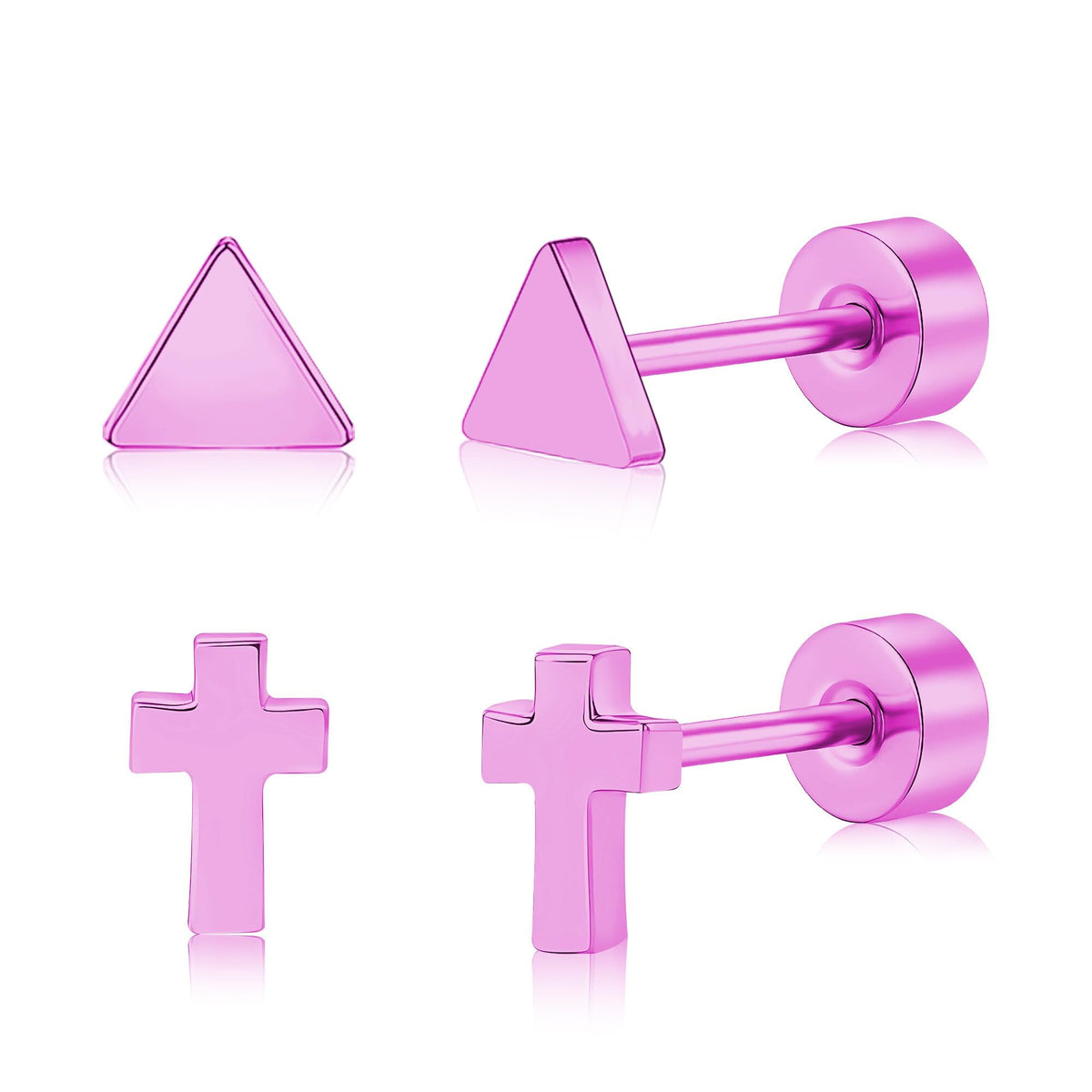 2 Pairs Flat Back Earrings Women, Titanium Star and Moon Earrings, Heart & CZ Flatback Stud, Butterfly & Lightning Screw Back, Crosses and Triangles Stud, Gold/Pink/Silver/Black Options