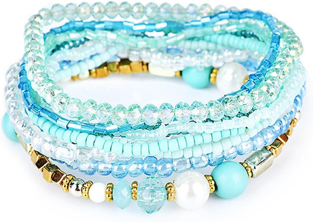 Bohemian Crystal Beaded Stackable Bracelets Handmade Colorful Crystal Pearl Seed Beads Bracelets for Women Jewelry
