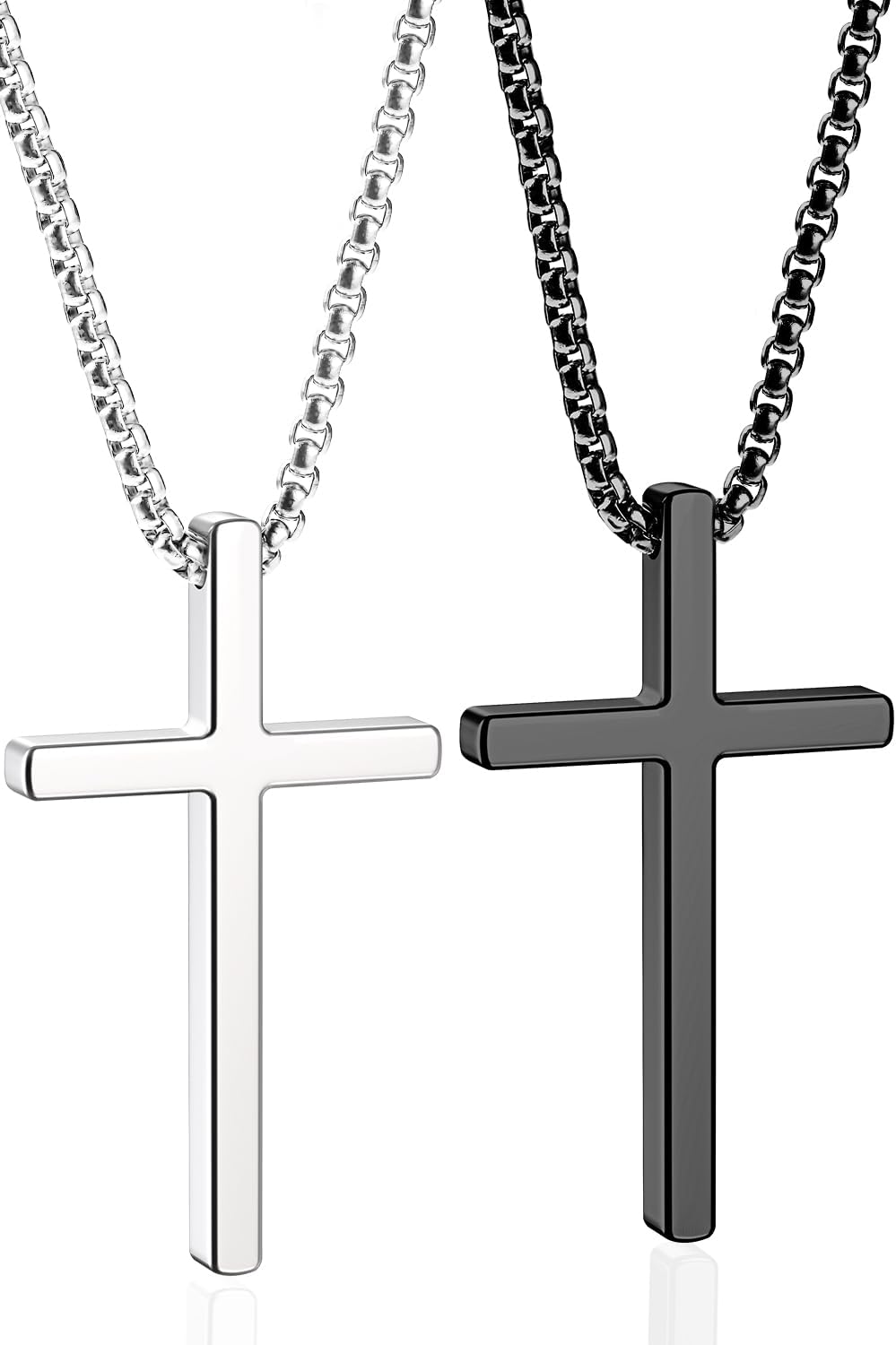 Romass 2 Pcs Cross Necklace for Men,Mens Necklace Stainless Steel Teen Boys Pendants Silver Black Gold Crosses Chain Jewelry Gifts Box 16-30 inches