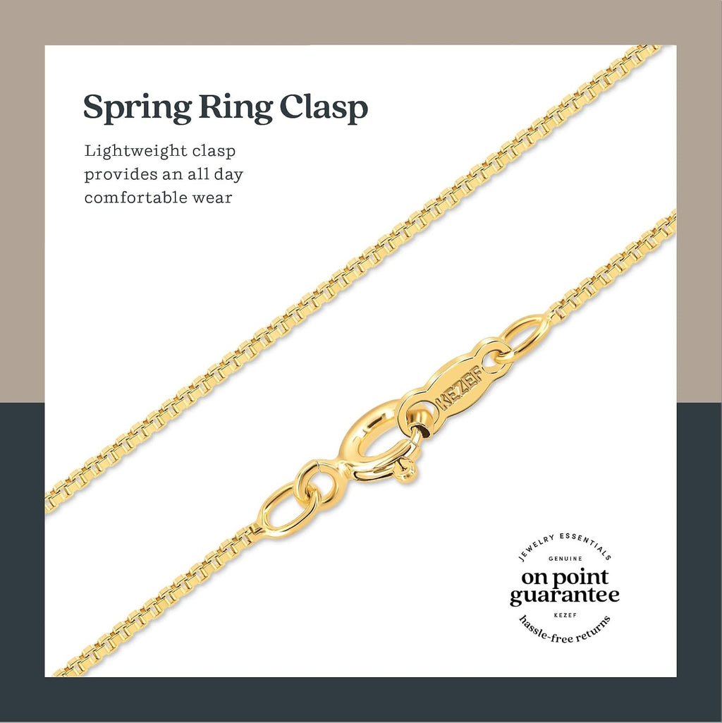 KEZEF Dainty Box Chain Necklace for Women, Gold or Silver, 15-40 Inch | 1mm tarnish-resistant chain in 925 sterling silver, 18K gold or rose gold plated. Nickel-free. Holds pendants securely.