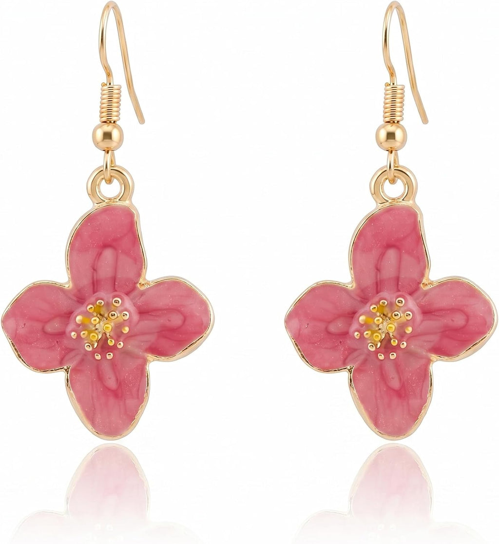 Enamel Cherry Blossom Flower Drop Earrings Gold Fish Hook Floral Women Gift | lightweight/Realistic