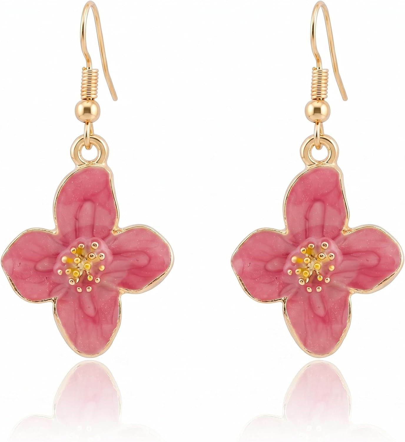 Enamel Cherry Blossom Flower Drop Earrings Gold Fish Hook Floral Women Gift | lightweight/Realistic