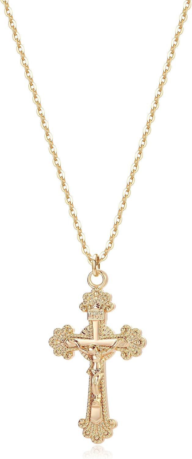 Fettero Cross Necklace for Women Faith Pendant 14K Plated Dainty Chain Necklaes Minimalist Simple Tiny God Lords Prayer Religious Jewelry