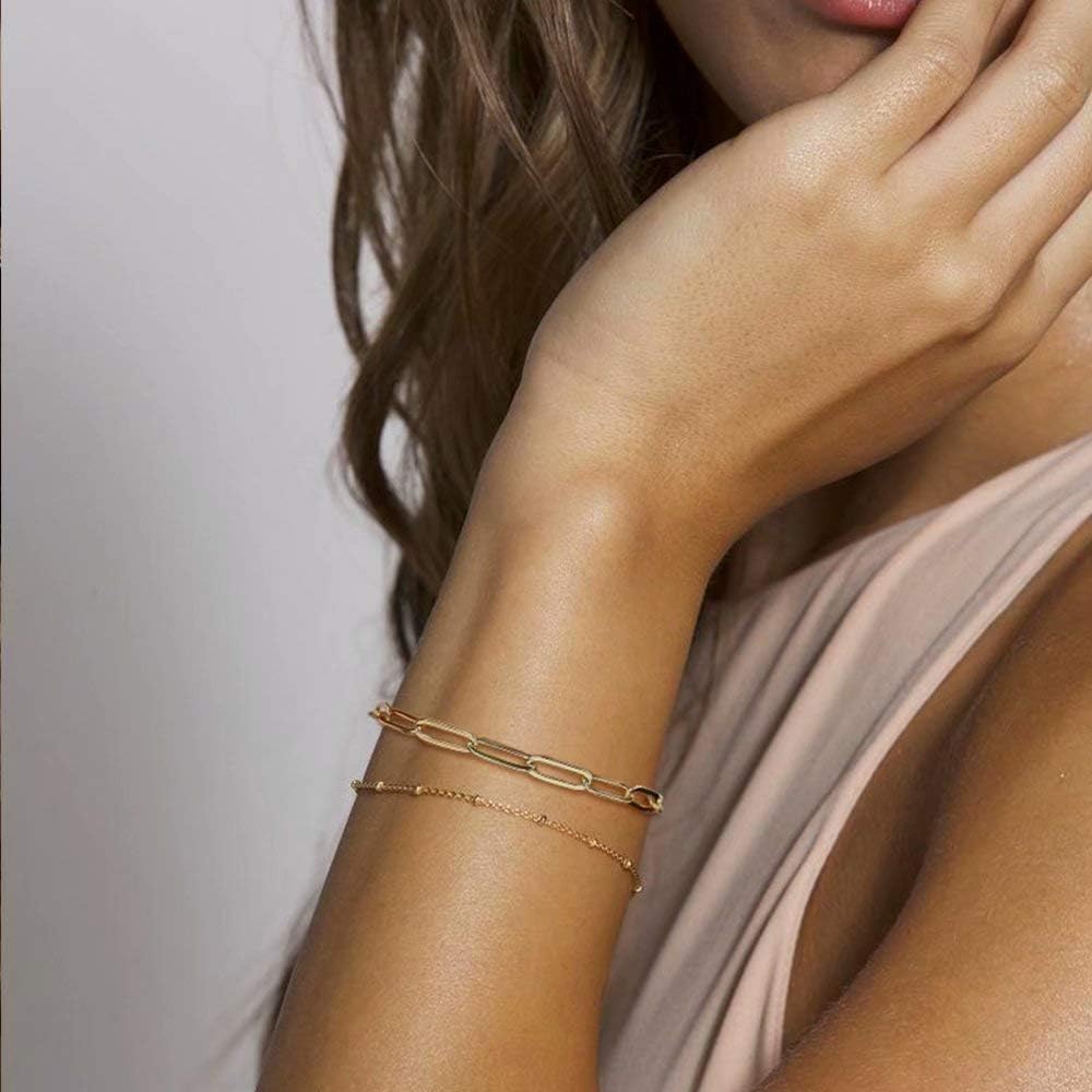 Dainty Gold Bracelets for Women, 14K Gold Plated Adjustable Layered Beads Bracelet Cute Evil Eye Oval Chain Pearl Bar Turtle Gold Bracelets for Women Jewelry