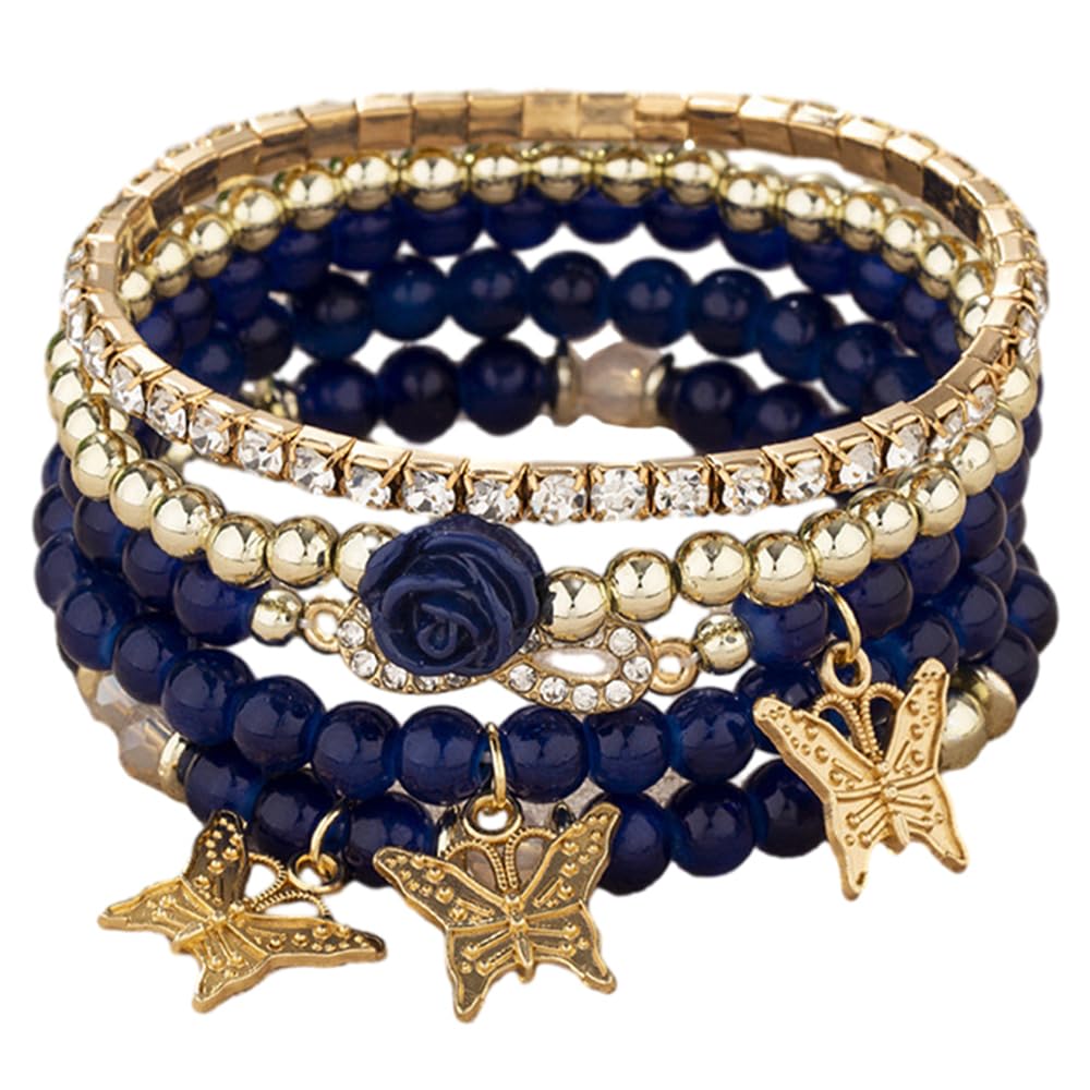 4 Pcs Cute Butterfly Charm Bracelets Set Gold Beaded Stackable Stretch Bracelets Bohemian Summer Jewelry Gifts for Women