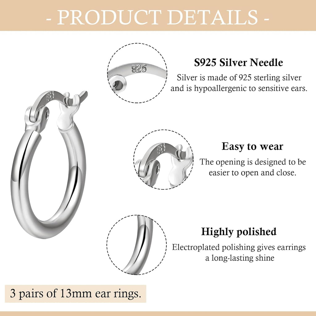 3 Pairs 925 Sterling Silver Hoop Earrings | Small White Gold Plated Hoop Earrings for Women (13mm,15mm,20mm，25mm,30mm,40mm,50mm,60mm)