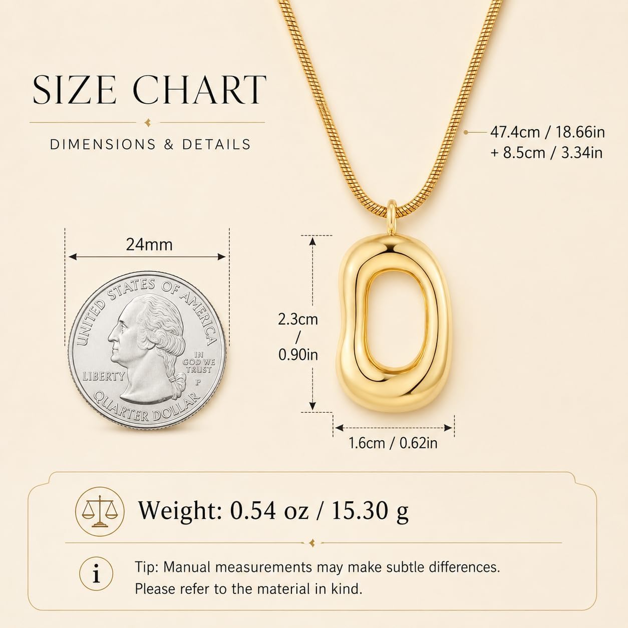 Gold Tone Irregular Oval Pendant Necklace for Women, Minimalist Chunky Snake Chain Necklace, Dainty 14K Gold Plated Statement Long Necklace