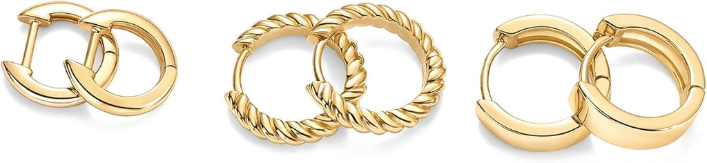 PAVOI Gold Hoop Earrings for Women, 3-Pair Small Huggie Earrings Set | Hypoallergenic Earrings with 925 Sterling Silver Posts, 14K & 18K Gold Plated Piercing Earrings with Cubic Zirconia
