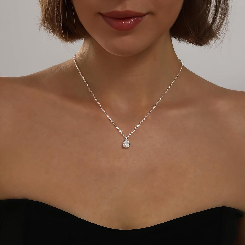Gold Silver Necklace for Women, Dainty Cubic Zirconia Pendant | Teardrop CZ Charm, 14K Gold/Sterling Silver Plated, Adjustable Chain, Hypoallergenic & Waterproof Jewelry, Cute Trendy Gift