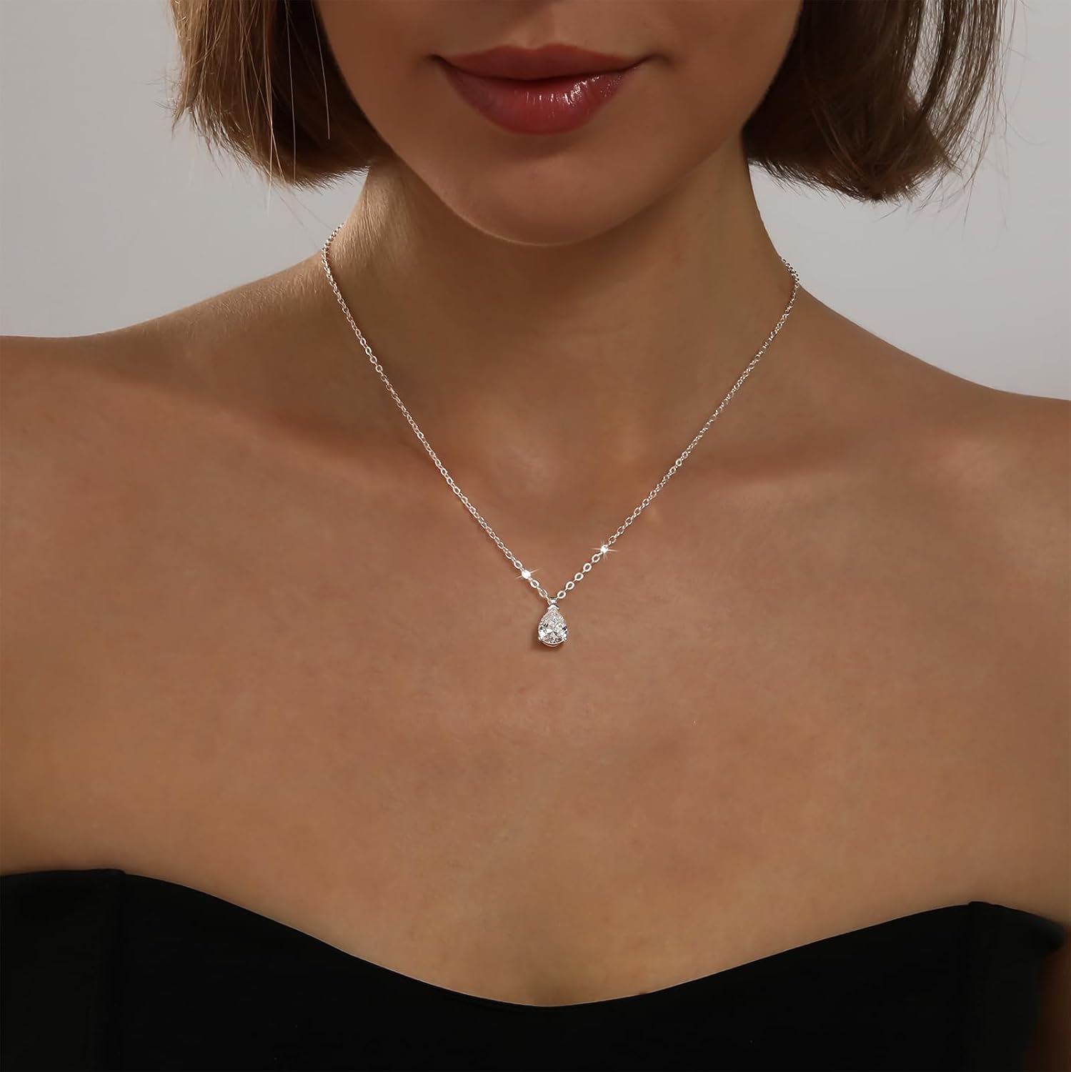 Gold Silver Necklace for Women, Dainty Cubic Zirconia Pendant | Teardrop CZ Charm, 14K Gold/Sterling Silver Plated, Adjustable Chain, Hypoallergenic & Waterproof Jewelry, Cute Trendy Gift