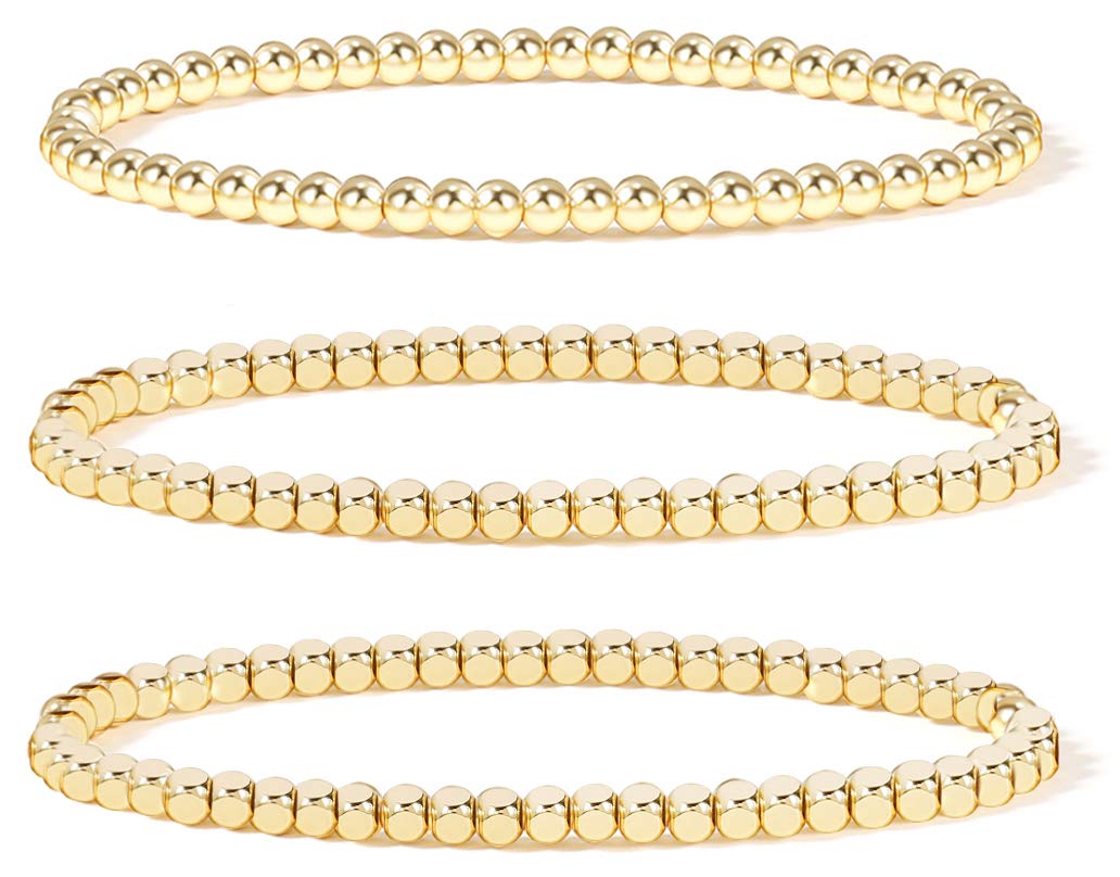 Badu Gold Plate Bead Bracelet for Women 14K Gold Plated Bead Ball Bracelet Stretchable Elastic Hypoallergenic Bohemian Stackable