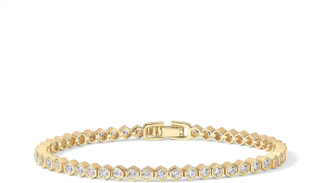 PAVOI 14K Gold Plated 2mm Cubic Zirconia Honeycomb Tennis Bracelet | Gold Bracelet for Women | Gold Bracelets with 2mm Honeycomb Cubic Zirconia, Size 6.5-7.5 Inch