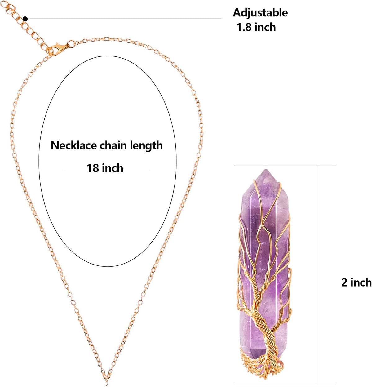VIBILIA Healing Crystal Tree of Life Necklace Gemstone Jewelry | Wire Wrapped Natural Stone Point Pendant Necklace Hexagonal Reiki Spiritual Quartz Jewelry for Women Men