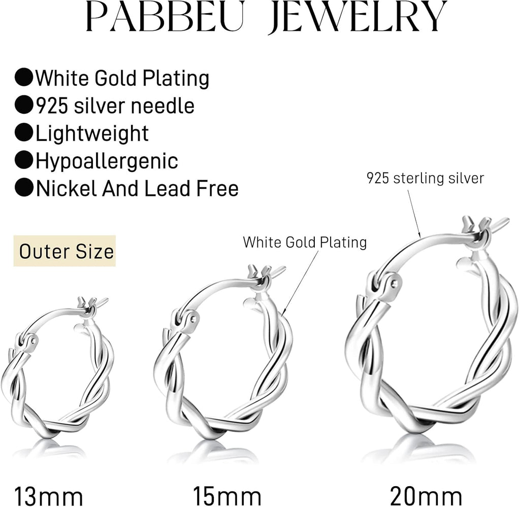 PABBEU 925 Sterling Silver Small Hoop Earrings Set for Women Hypoallergenic | 3Pairs Cubic Zirconia Small Huggie Hoop Earrings Set 13/15/20mm,Nickel-Free Lightweight Comfortable Sleeper Earrings Gift Set