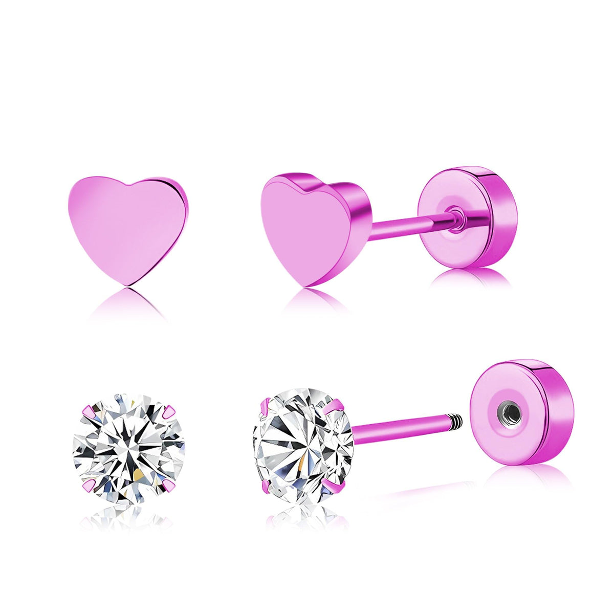 2 Pairs Flat Back Earrings Women, Titanium Star and Moon Earrings, Heart & CZ Flatback Stud, Butterfly & Lightning Screw Back, Crosses and Triangles Stud, Gold/Pink/Silver/Black Options