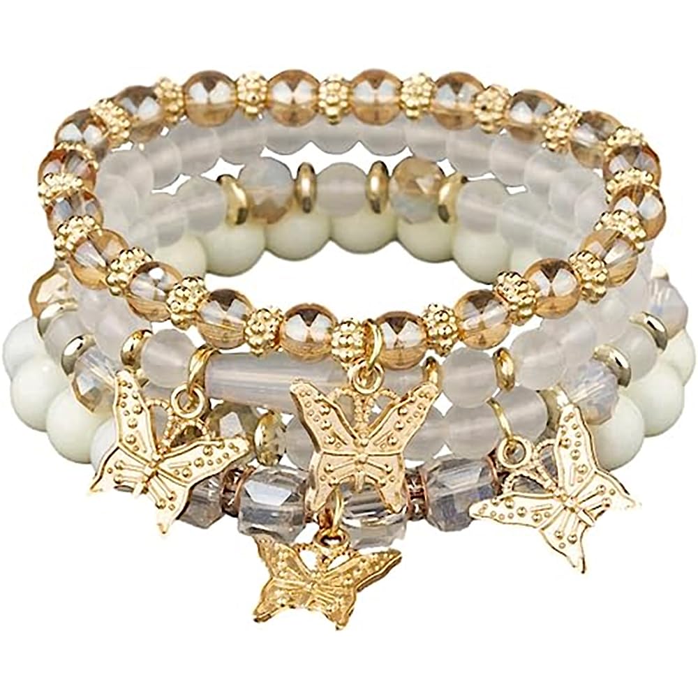 4 Pcs Cute Butterfly Charm Bracelets Set Gold Beaded Stackable Stretch Bracelets Bohemian Summer Jewelry Gifts for Women
