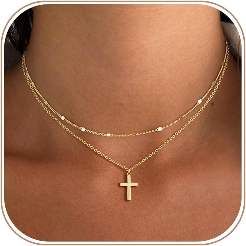 Cross Necklace for Women Dainty 14K Gold/Silver Plated Sideways Cross Necklace Non Tarnish Trendy Gold/Silver Small Cute Simple CZ Jewelry Baptism Religious Faith Jewelry Gifts