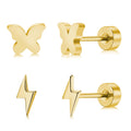 2 Pairs Flat Back Earrings Women, Titanium Star and Moon Earrings, Heart & CZ Flatback Stud, Butterfly & Lightning Screw Back, Crosses and Triangles Stud, Gold/Pink/Silver/Black Options