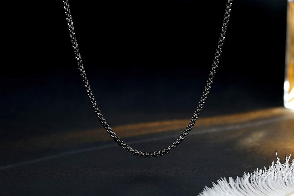 FOSIR Mens Womens Stainless Steel Black Rolo Cable Chain Necklace, Round Box Chains for Men, 2/3/4/5mm Width