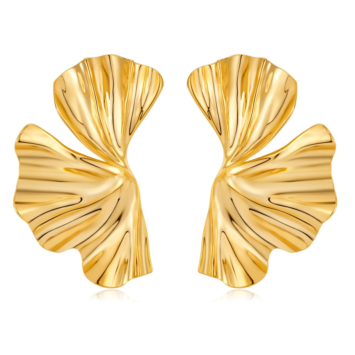 Chunky Gold Statement Earrings For Women Gold Plated Sectored Flower Leaf Shell Angel Wing Earrings Trendy Boho Jewelry For Women Large Stud Earrings Hypoallergenic Earrings Gold Jewelry Gift