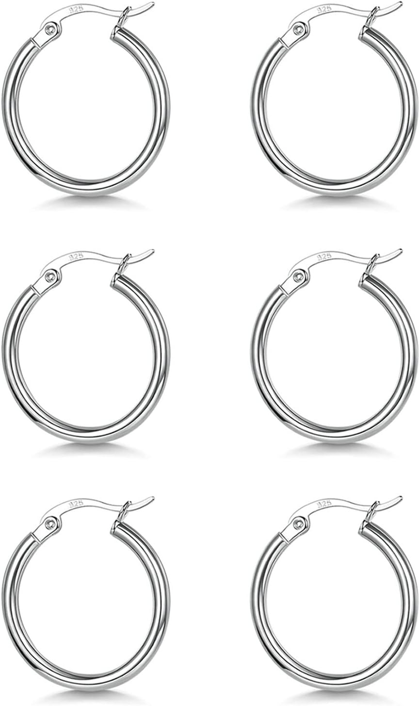 3 Pairs 925 Sterling Silver Hoop Earrings | Small White Gold Plated Hoop Earrings for Women (13mm,15mm,20mm，25mm,30mm,40mm,50mm,60mm)