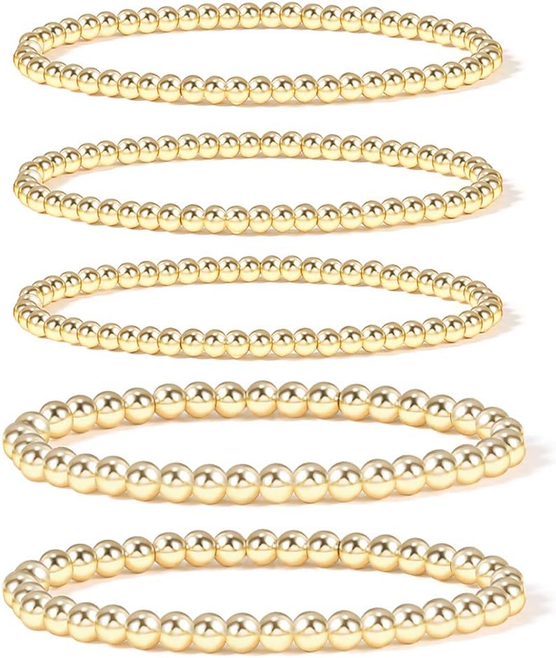 Badu Gold Plate Bead Bracelet for Women 14K Gold Plated Bead Ball Bracelet Stretchable Elastic Hypoallergenic Bohemian Stackable