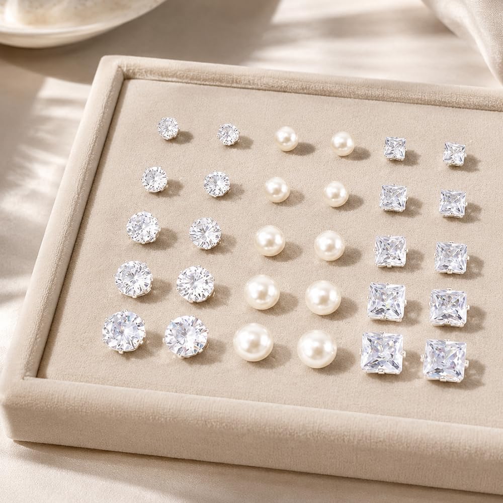 KISS WIFE 15 Pairs Silver Stud Earrings for Women, Cubic Zirconia Set | Multiple sizes and varied shapes with push-back closures, selected sets include faux pearl styles for everyday ear stacking.
