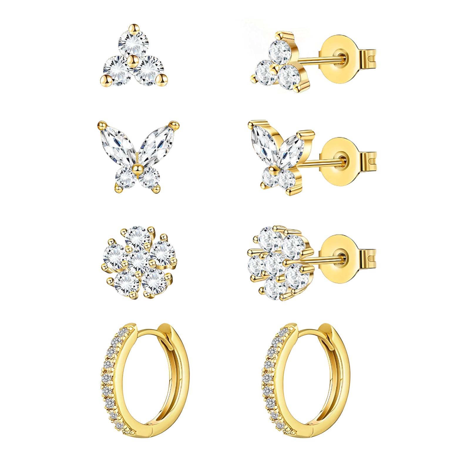 20G Gold Pink Studs Earrings for Women,14K Gold Plated Hypoallergenic Butterfly Earrings for Girls,4 Pairs Flower/Butterfly/Cubic Zirconia Cute Earring and Trendy Huggie Hoop Dainty Multipack Earring Sets