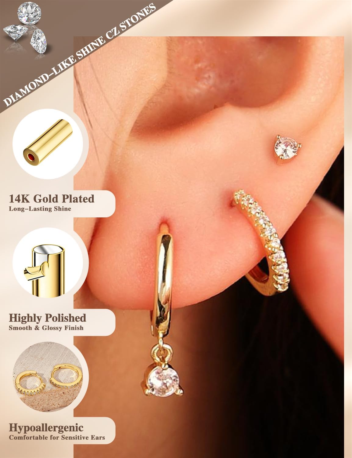 Freekiss 3 Pairs Hoop Earrings Set - Dainty Stud Dangle Cartilage for Women | Hypoallergenic Earrings, Cubic Zirconia Stackable Trendy Small Set Jewelry Gifts for Women