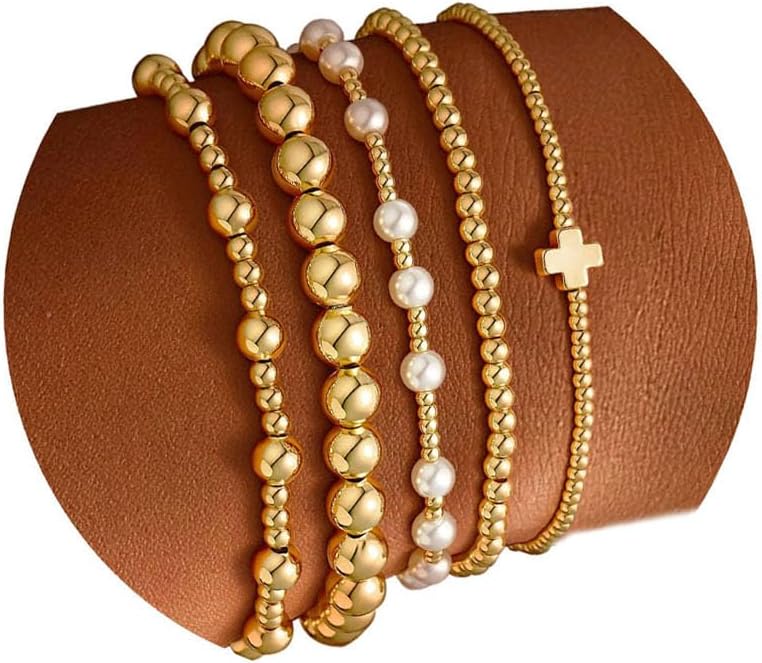 M MOOHAM Gold Beaded Bracelet Set for Women, Pearl Cross Stackable Jewelry | 14K Gold Plated Beaded Bracelets Set, Adjustable Stretch, Non Tarnish bracelet, Trendy Stackable Jewelry Gifts