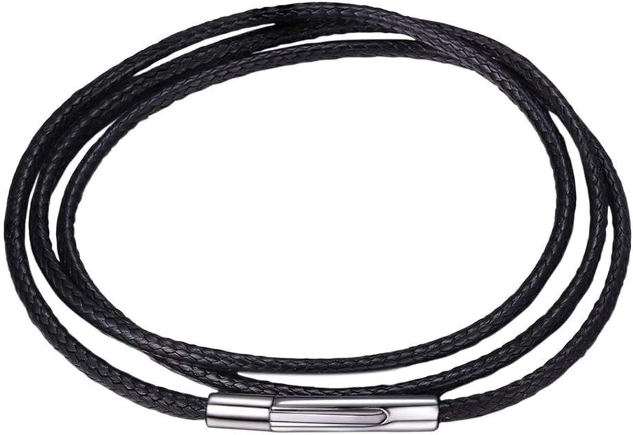 U7 Leather Necklace Cord for Men Black Wax Rope Chain for Pendant | Waterproof Woven Wax Cord Necklace With Stainless Steel Clasp, 1.5/2/3mm, 16-30", Lightweight Comfortable for Everyday Wear