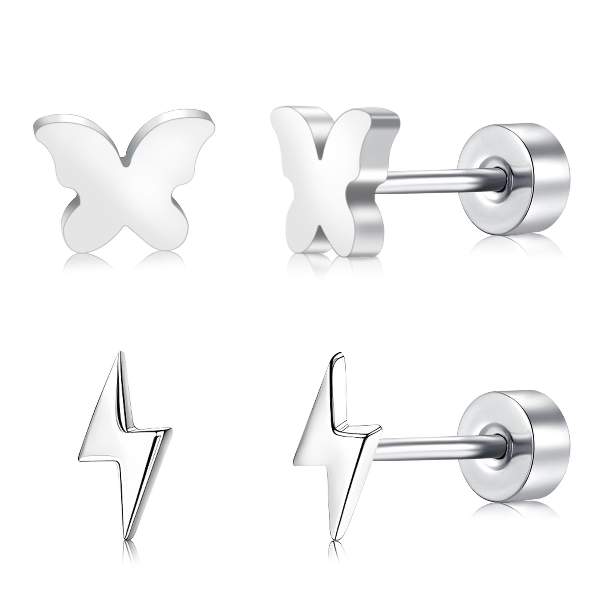 2 Pairs Flat Back Earrings Women, Titanium Star and Moon Earrings, Heart & CZ Flatback Stud, Butterfly & Lightning Screw Back, Crosses and Triangles Stud, Gold/Pink/Silver/Black Options