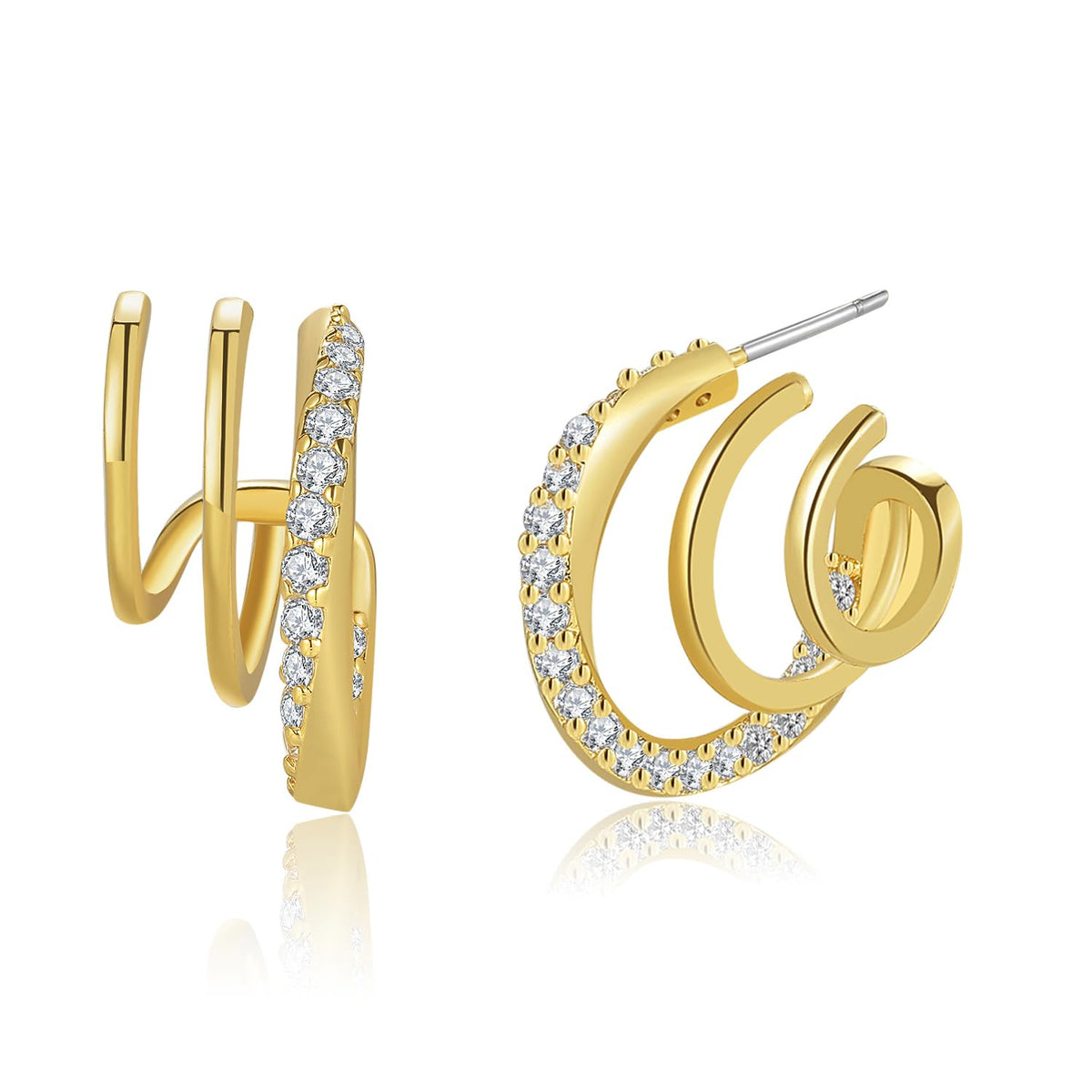 14K Gold Plated Illusion Stud Earrings for Women | Triple Huggie Hoop Earrings for One Hole| Trendy Simple Hypoallergenic Fashion Accessories Gold Jewelry Gifts for Womens