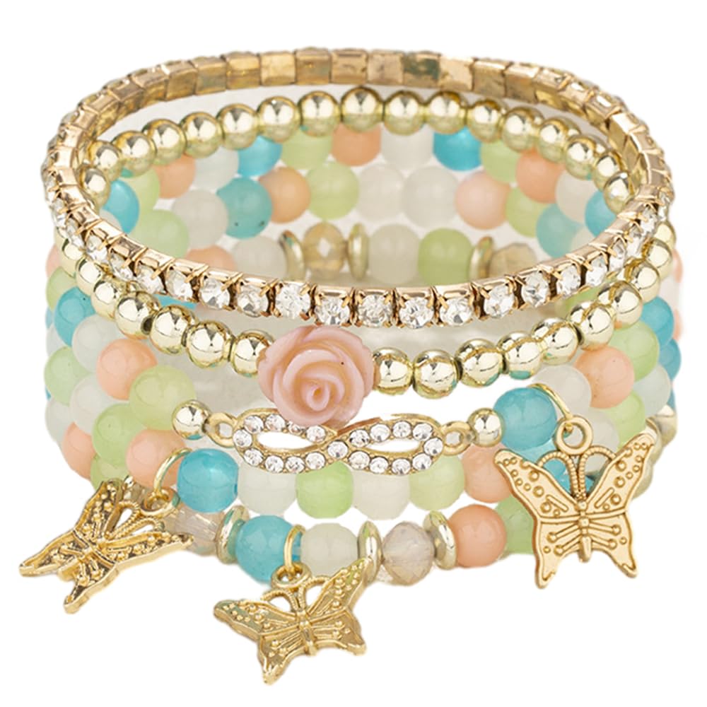4 Pcs Cute Butterfly Charm Bracelets Set Gold Beaded Stackable Stretch Bracelets Bohemian Summer Jewelry Gifts for Women