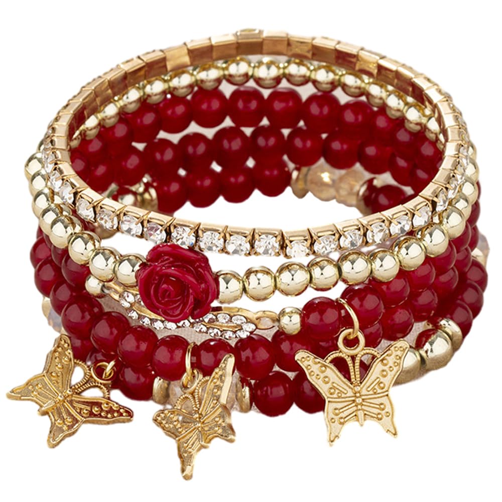 4 Pcs Cute Butterfly Charm Bracelets Set Gold Beaded Stackable Stretch Bracelets Bohemian Summer Jewelry Gifts for Women