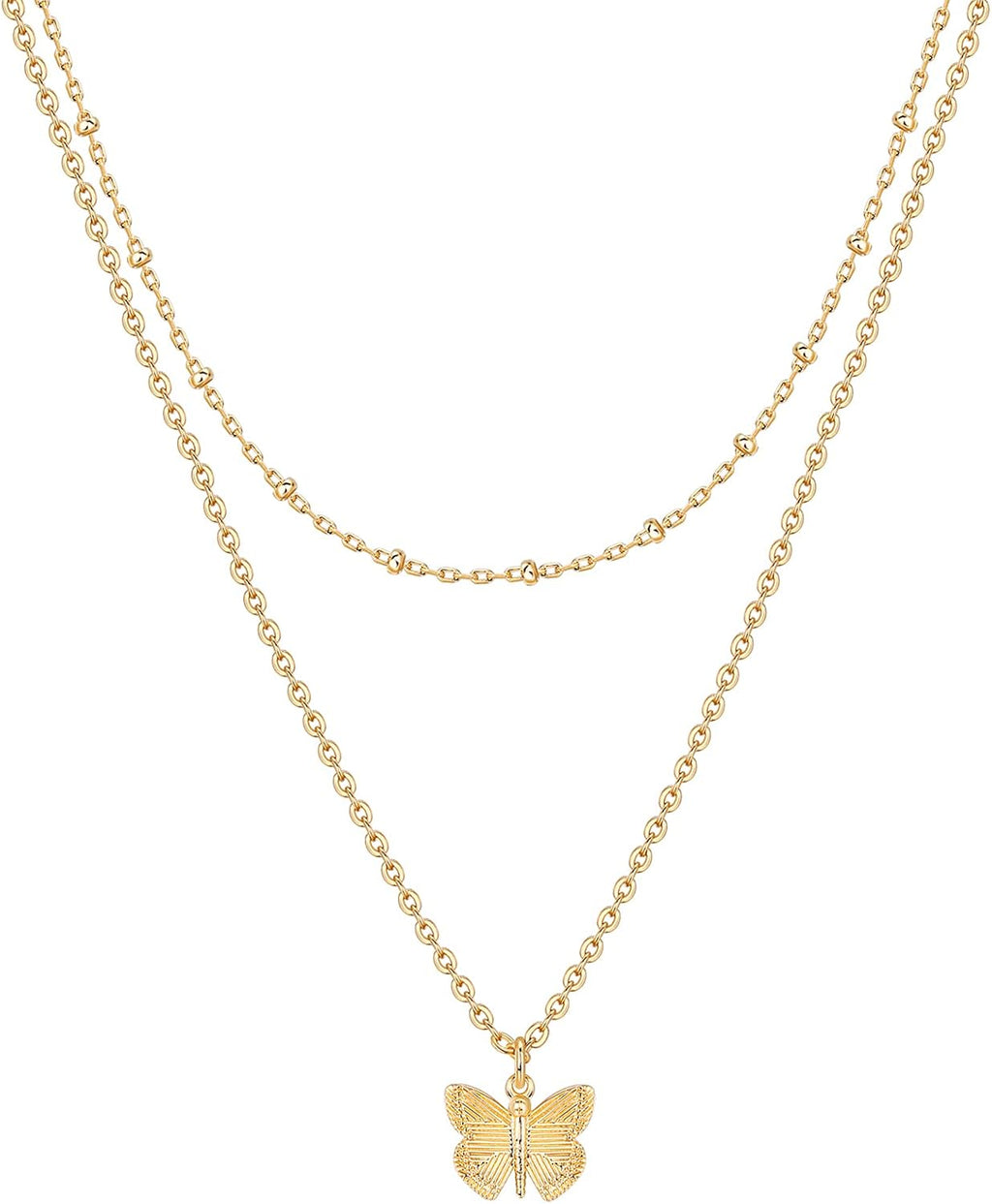 PAVOI 14K Gold Plated Layering Necklaces for Women, Cute Motif Pendants | Layered Chain Necklaces with Butterfly, Heart, Lock, Coin, Lightning Bolt Pendants