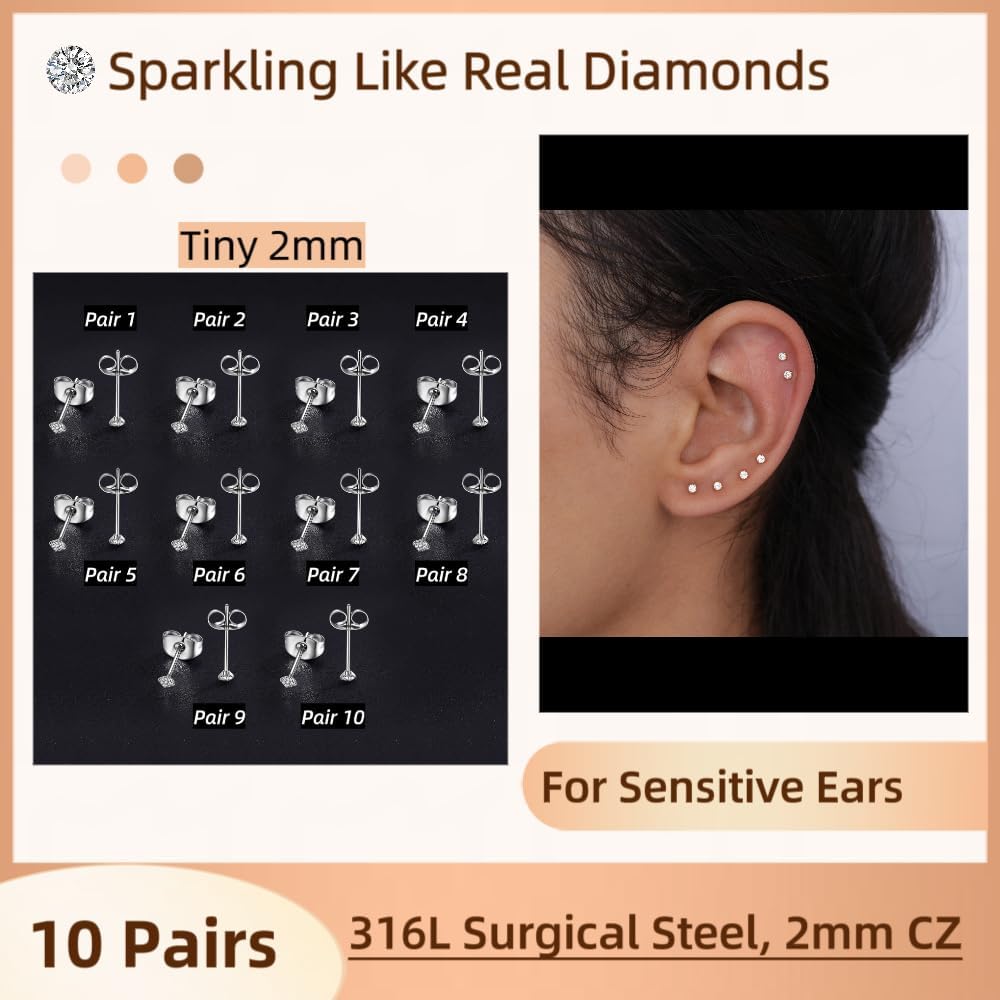 10 Pairs Small Stud Earrings for Women Hypoallergenic Multiple Piercings | Clear Sparkle, Lightweight Comfort for Everyday Wear, Second Third Hole Styling, Helix Ready, Easy to Stack, Minimal Look