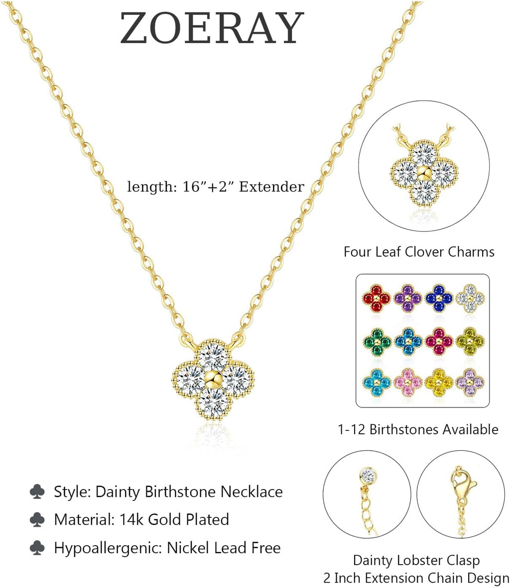 ZOERAY Dainty Birthstone Gold Clover Necklace for Women Trendy Non Tarnish | 14K Gold Plated, Clover Choker Necklace Stack, Cubic Zirconia Diamond Emerald Pendant, Personalized Jewelry Birthday Gifts