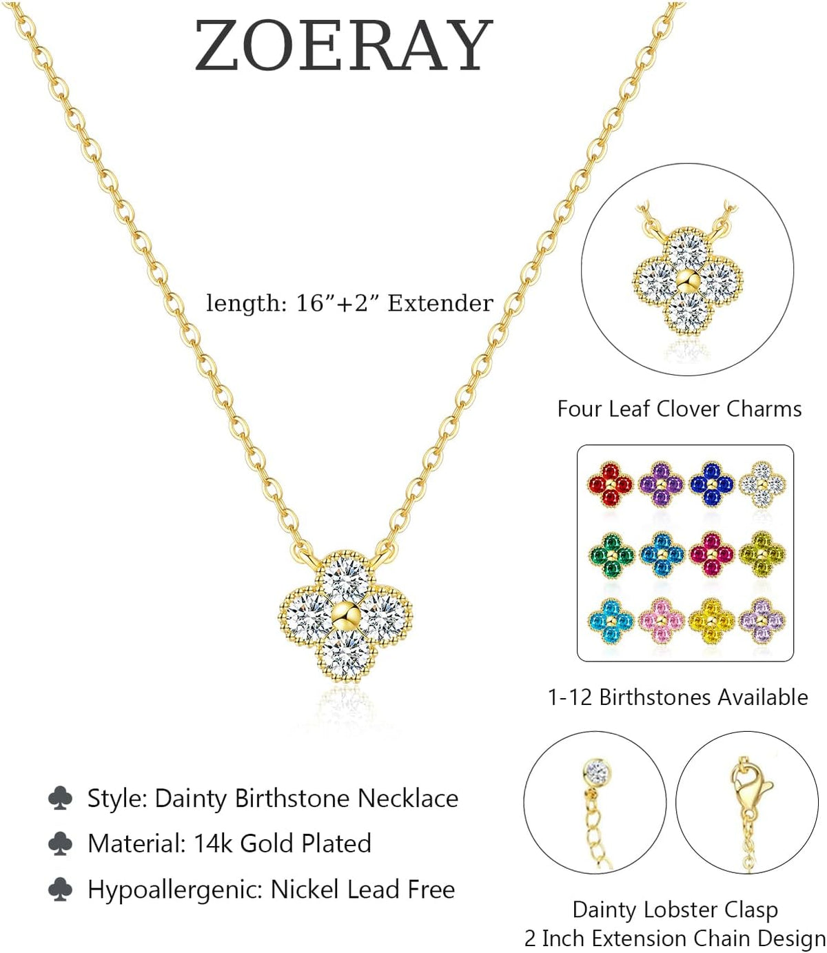 ZOERAY Dainty Birthstone Gold Clover Necklace for Women Trendy Non Tarnish | 14K Gold Plated, Clover Choker Necklace Stack, Cubic Zirconia Diamond Emerald Pendant, Personalized Jewelry Birthday Gifts