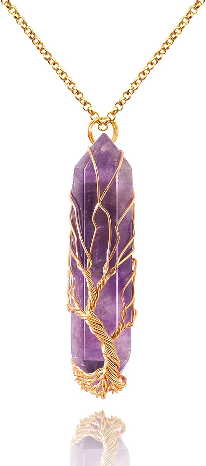 VIBILIA Healing Crystal Tree of Life Necklace Gemstone Jewelry | Wire Wrapped Natural Stone Point Pendant Necklace Hexagonal Reiki Spiritual Quartz Jewelry for Women Men