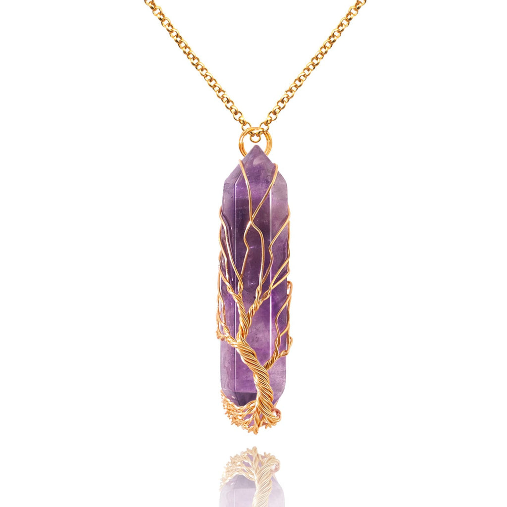 VIBILIA Healing Crystal Tree of Life Necklace Gemstone Jewelry | Wire Wrapped Natural Stone Point Pendant Necklace Hexagonal Reiki Spiritual Quartz Jewelry for Women Men