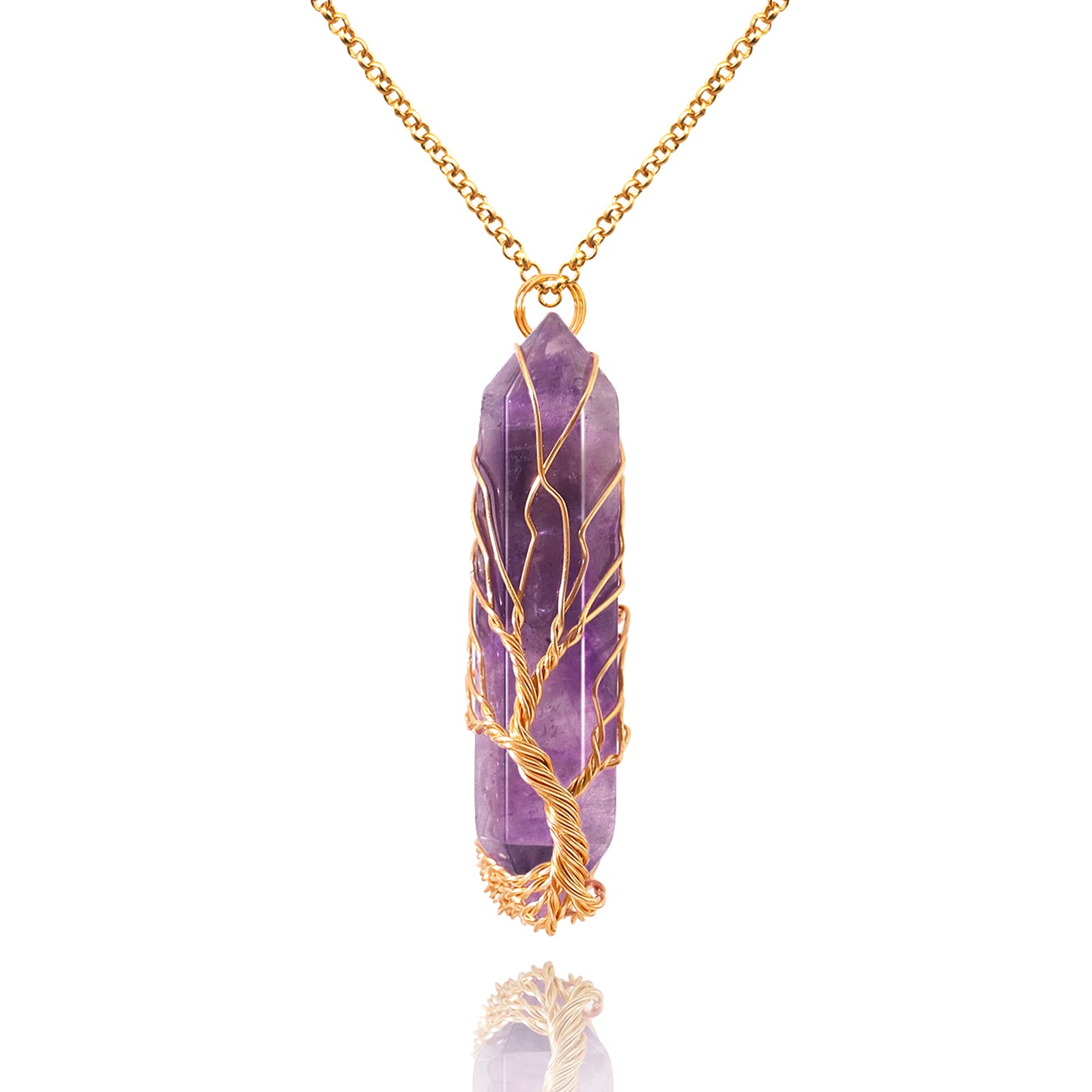VIBILIA Healing Crystal Tree of Life Necklace Gemstone Jewelry | Wire Wrapped Natural Stone Point Pendant Necklace Hexagonal Reiki Spiritual Quartz Jewelry for Women Men