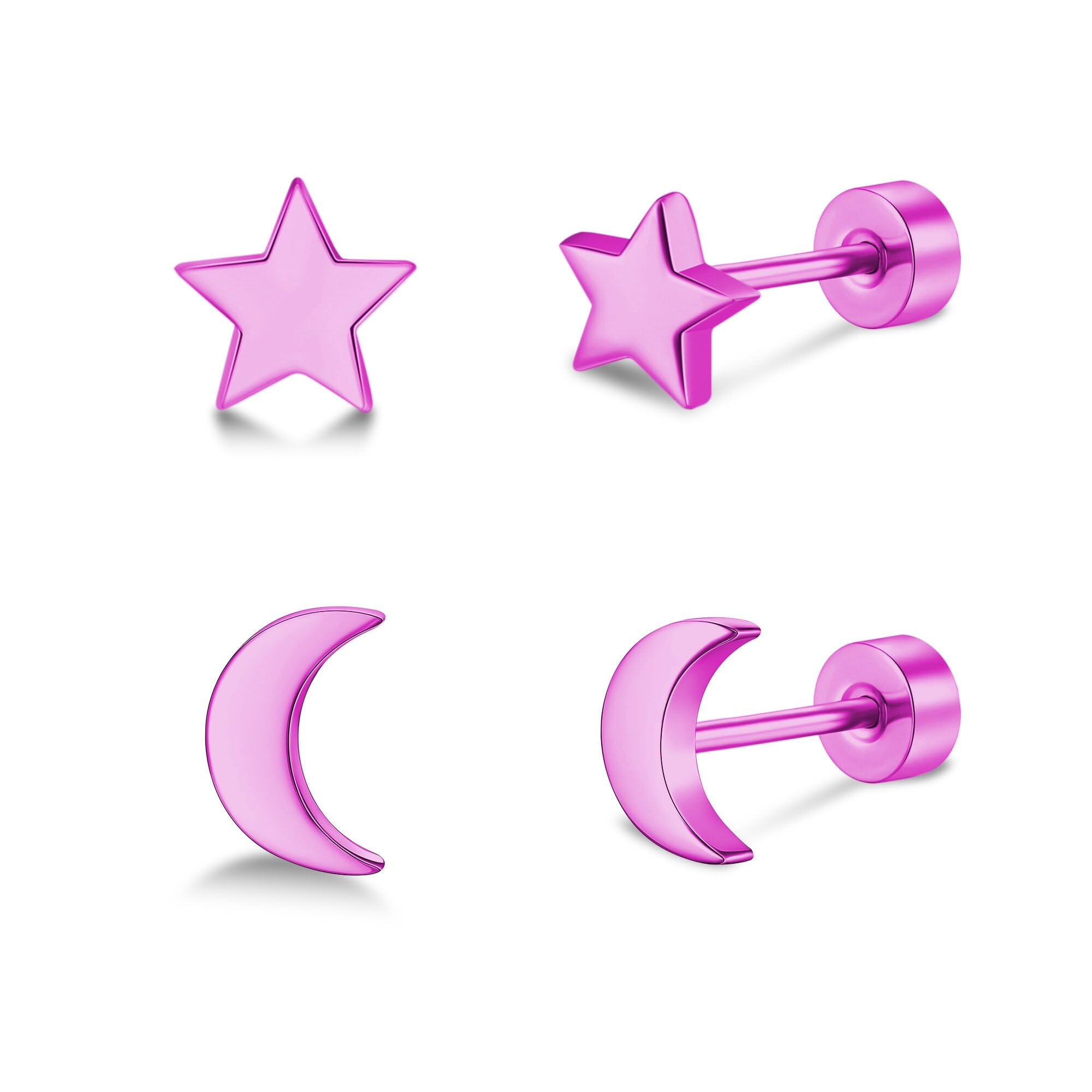 2 Pairs Flat Back Earrings Women, Titanium Star and Moon Earrings, Heart & CZ Flatback Stud, Butterfly & Lightning Screw Back, Crosses and Triangles Stud, Gold/Pink/Silver/Black Options