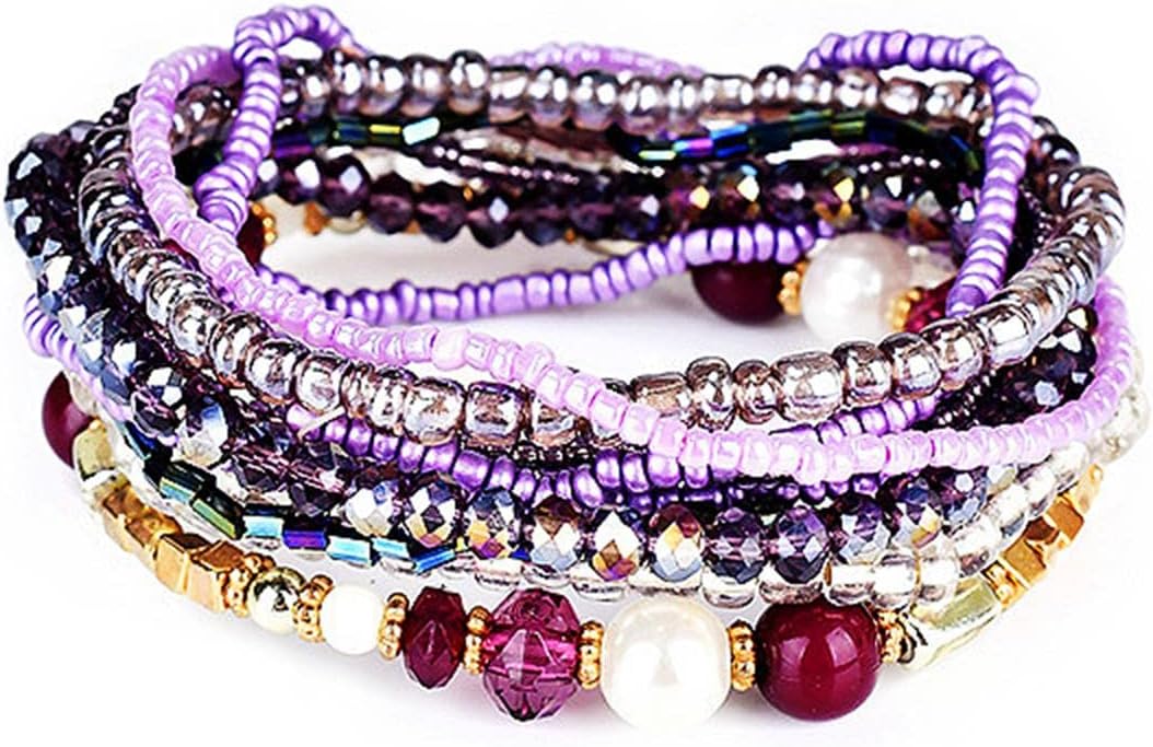 Bohemian Crystal Beaded Stackable Bracelets Handmade Colorful Crystal Pearl Seed Beads Bracelets for Women Jewelry