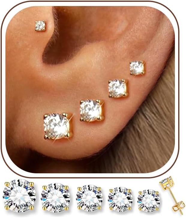 5 Pairs 14K Gold Plated Stud Earrings for Women, CZ Multiple Piercing Set | Hypoallergenic CZ Stud Earrings Set, 3-7mm Cubic Zirconia, Lightweight Comfortable Studs, Non Tarnish Jewelry, Gift for Women