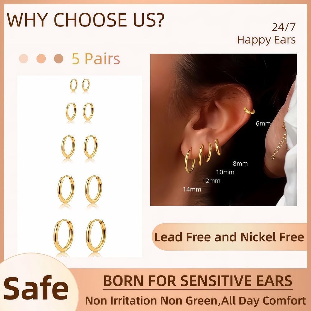 Small Gold Huggie Hoop Earrings Set for Women Stackable | Non Tarnish, Nickel Free for Sensitive Ears, Lightweight for Comfortable Everyday Wear, Multi-Pair Set