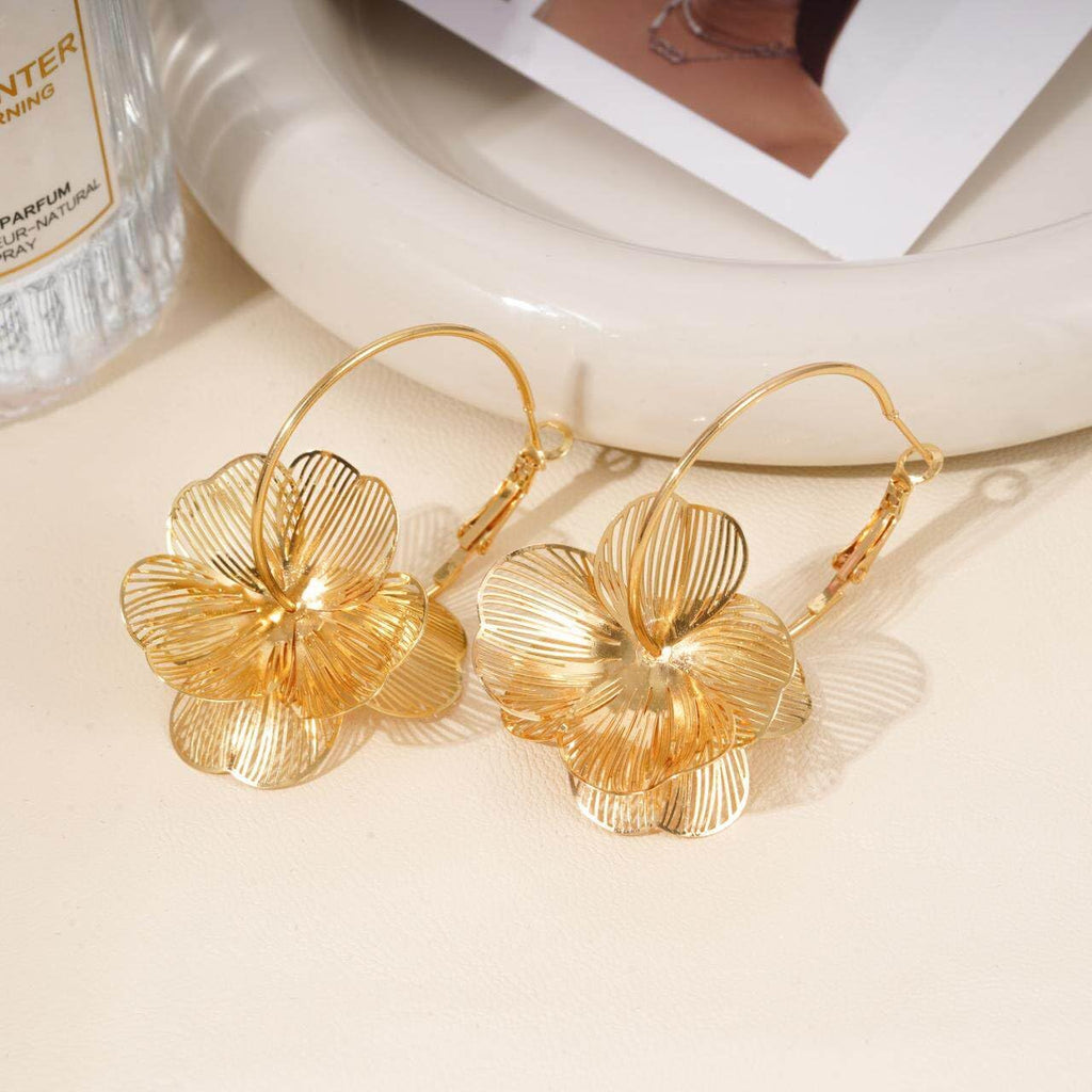 Dangle Flower Gold Earrings for Women, Trendy Statement Hoop Earrings Gifts | Lightweight/Tarnish-resistant