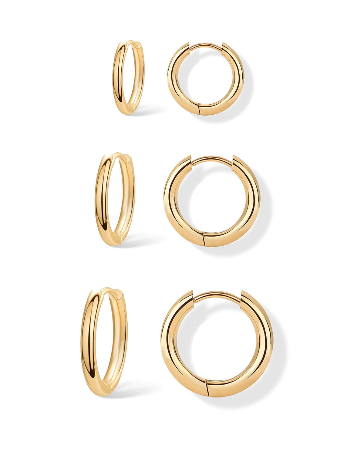 3 Pairs Gold Hoop Earrings Set for Women Trendy Chunky Small Huggie Jewelry | Hypoallergenic Silver Post Earrings for Sensitive Ears Non Tarnish, Stacks for Multiple Piercings, Gifts for Women