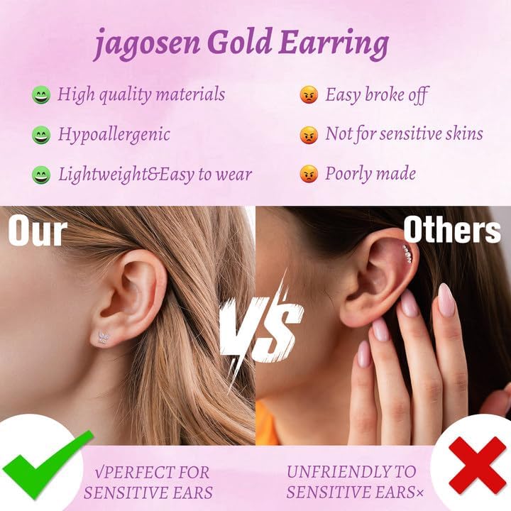 20G Gold Pink Studs Earrings for Women,14K Gold Plated Hypoallergenic Butterfly Earrings for Girls,4 Pairs Flower/Butterfly/Cubic Zirconia Cute Earring and Trendy Huggie Hoop Dainty Multipack Earring Sets
